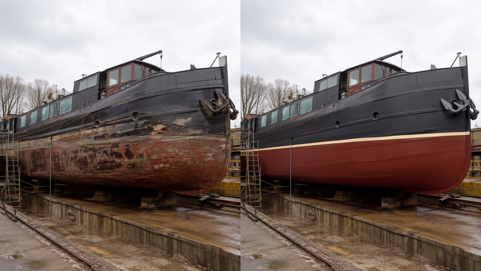 Avant après : carène de péniche traitée et remise en peinture