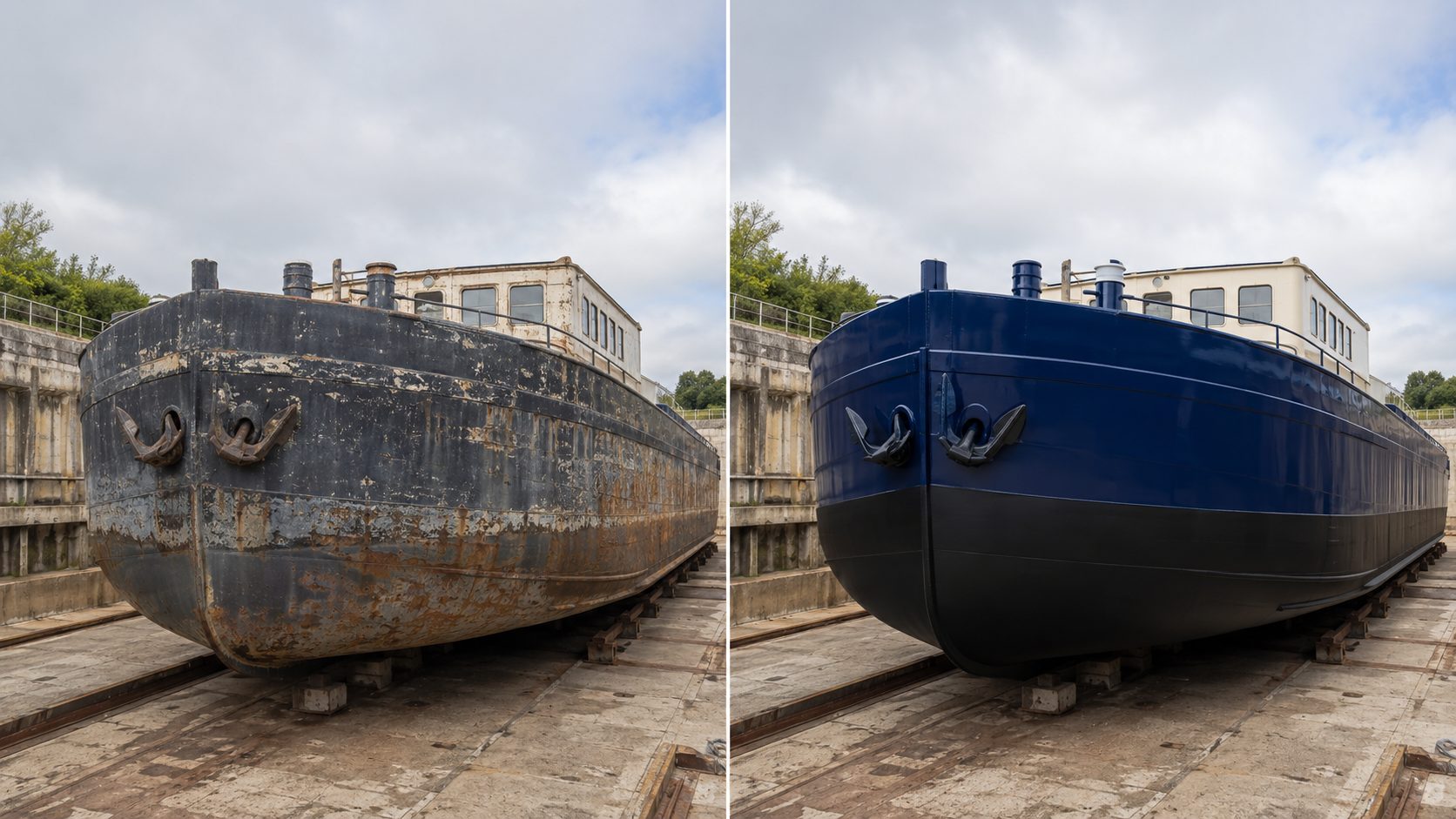 Avant après : étrave de péniche décapée puis repeinte en bleu