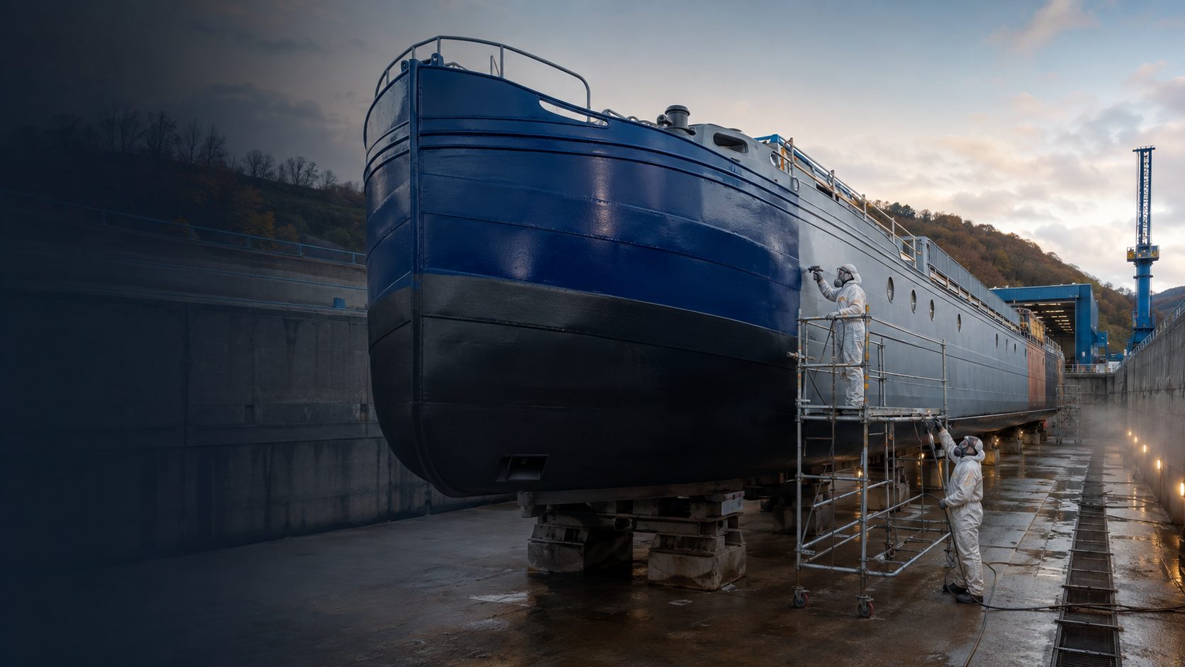 Péniche en cale sèche pendant la mise en peinture professionnelle de la coque