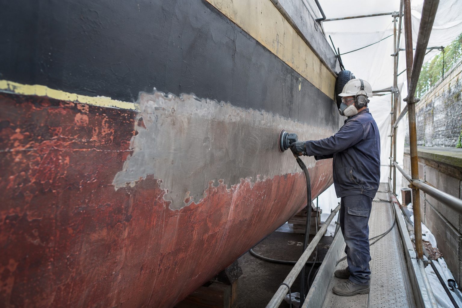 Décapage et ponçage de la coque acier d’une péniche jusqu’au métal (SA 2½)