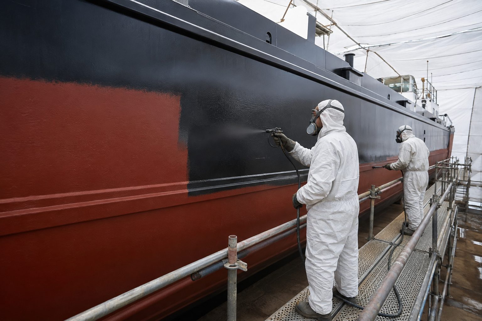 Application de la peinture nautique au pistolet sur la coque d’une péniche