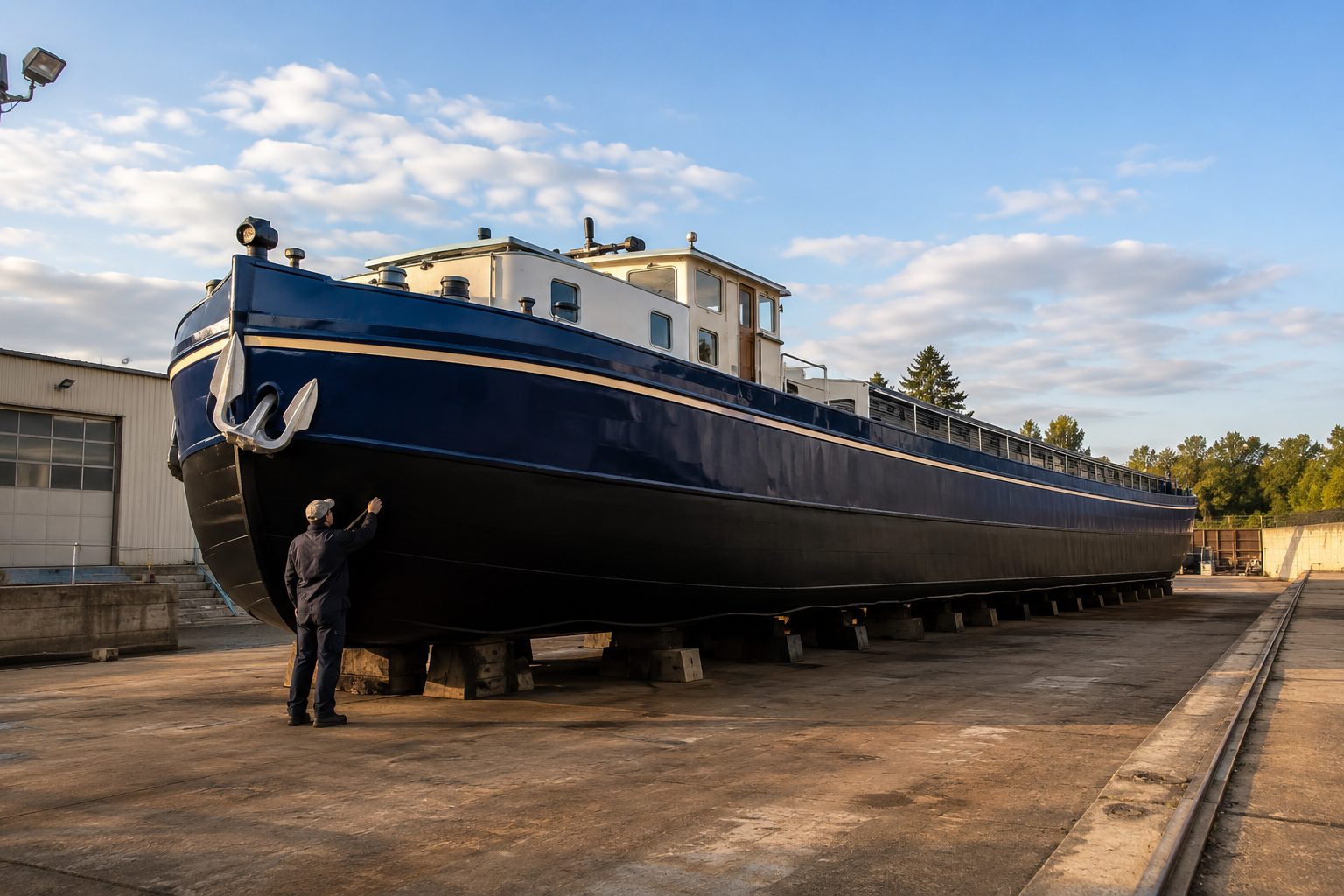 Péniche restaurée avec finition bleu marine et noire en cale sèche