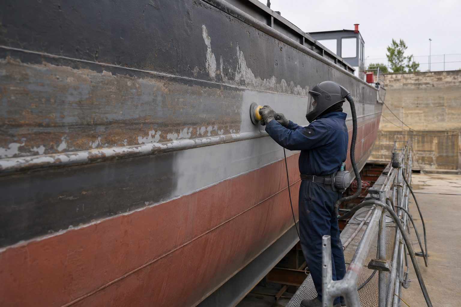 Préparation et ponçage de la coque acier d’une péniche