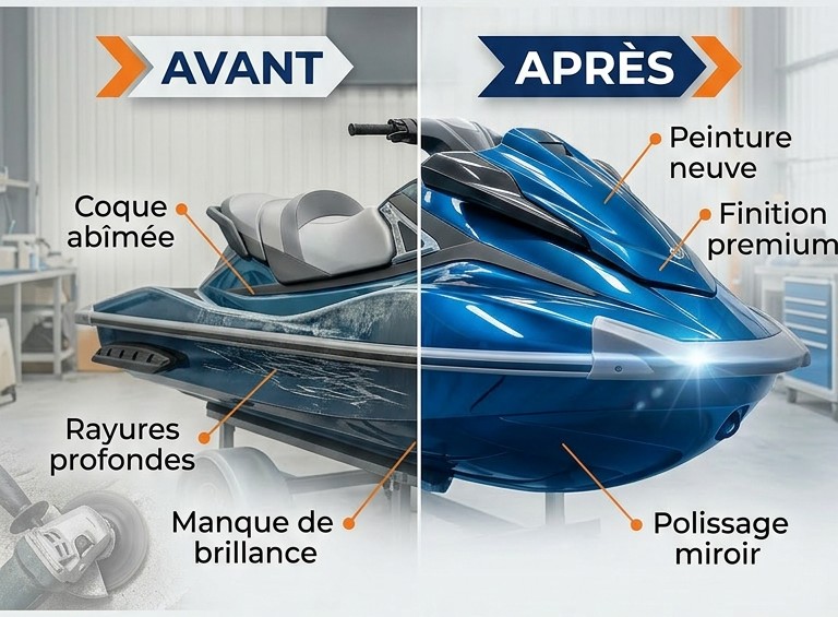 Cas réel : remise à neuf complète d'un jet ski – avant : coque abîmée, rayures profondes, manque de brillance / après : peinture neuve, finition premium, polissage miroir