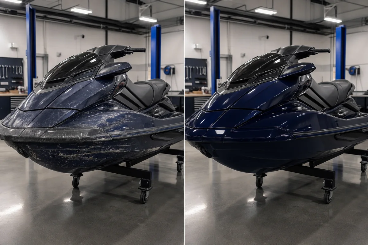 Simulation avant après de réparation de coque jet ski