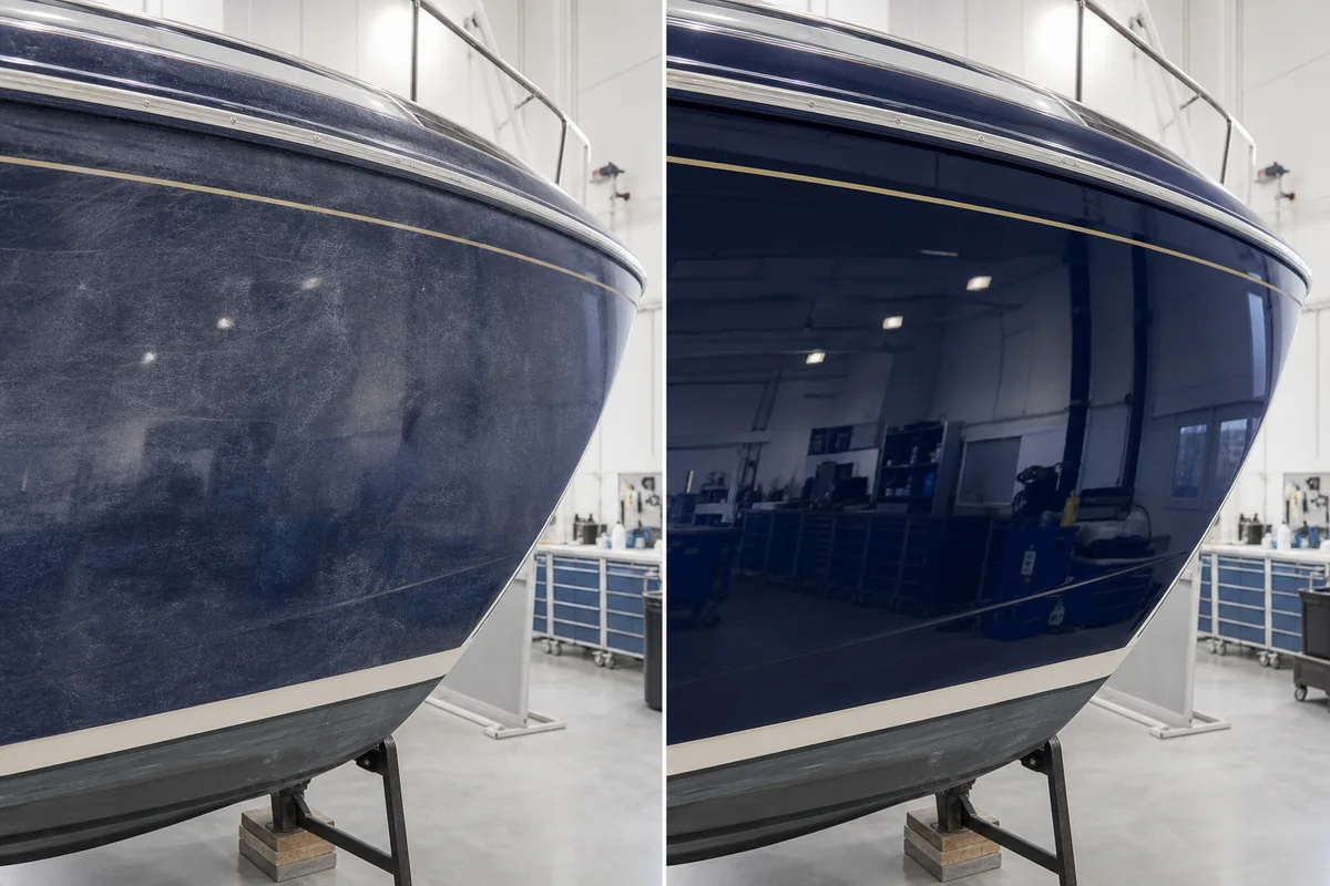 Simulation avant après du polissage d’une coque bleu marine